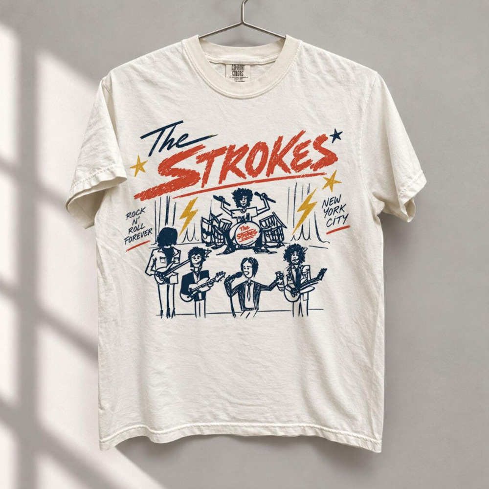 The Strokes Comfort Colors Tee, Retro Sketch Graphic Tee, Concert Music Merch